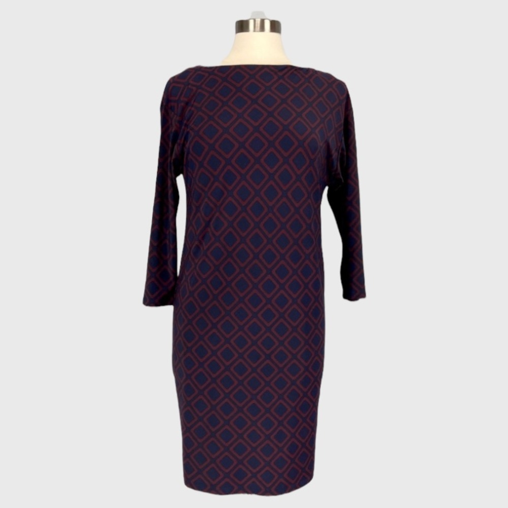 Ralph Lauren LRL Womens Diamond Print Jersey Shift Dress Blue Burgundy size 2